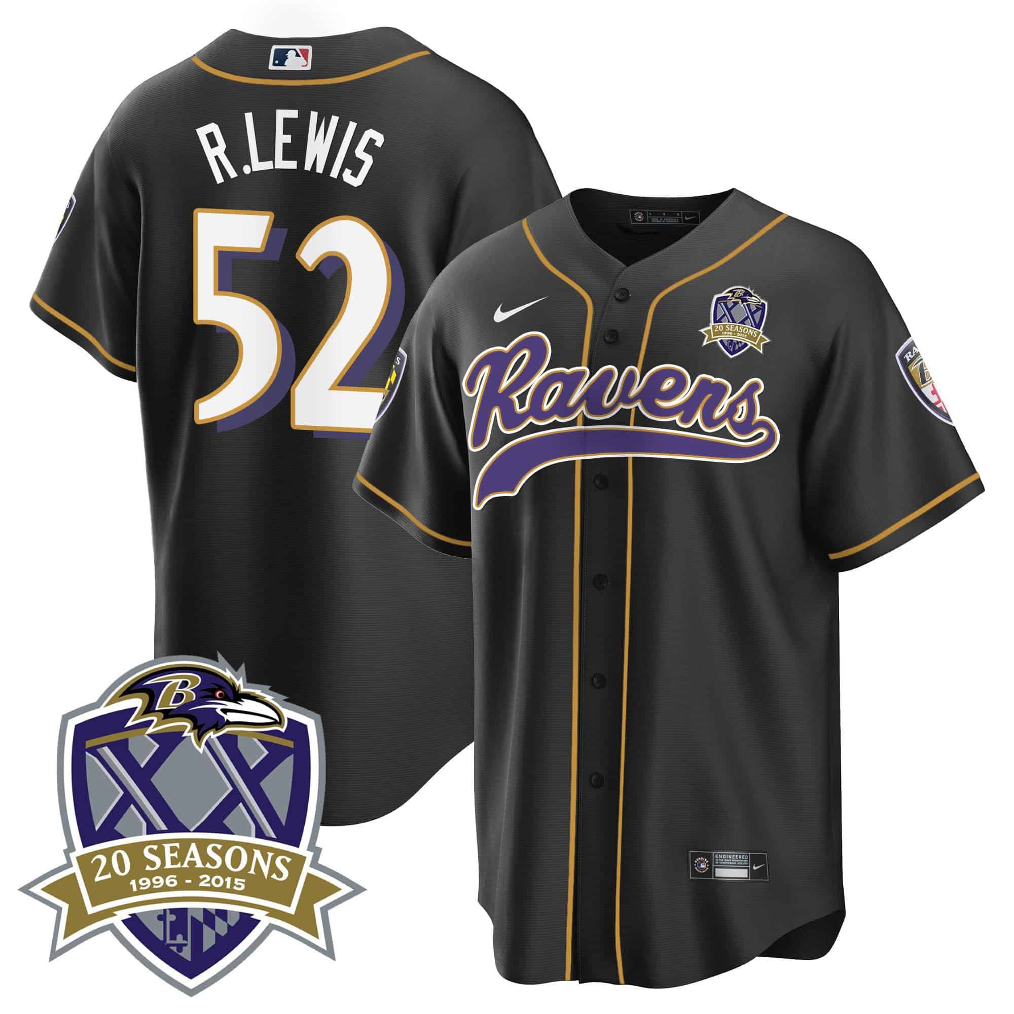 Men Baltimore Ravens #52 R.Lewis Black 2024 Nike 20th Season Patch Baseball NFL Jersey style 1